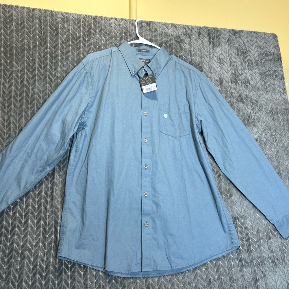 New Men’s Eddie Bauer Shirt Size Large Y2K Outdoors Blue Denim Cowboy Preppy - Picture 11 of 14